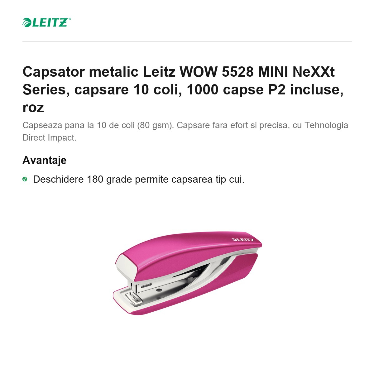 Capsator metalic Leitz WOW 5528 MINI NeXXt Series, capsare 10 coli, 1000 capse P2 incluse, roz [2]