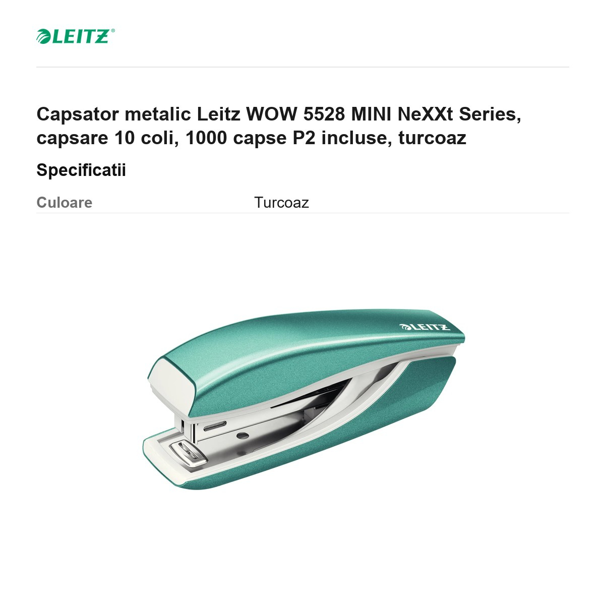 Capsator metalic Leitz WOW 5528 MINI NeXXt Series, capsare 10 coli, 1000 capse P2 incluse, turcoaz [3]