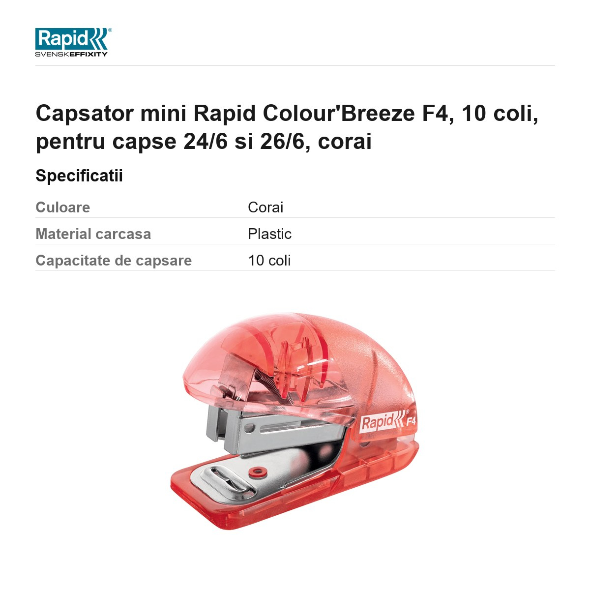 Capsator mini Rapid Colour'Breeze F4, 10 coli, pentru capse 24/6 si 26/6, corai [3]