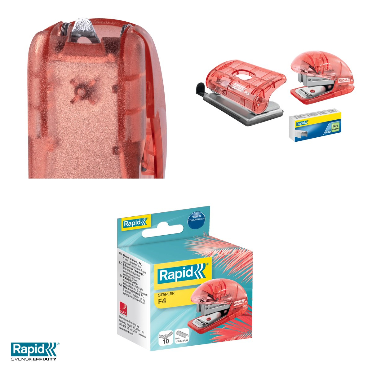 Capsator mini Rapid Colour'Breeze F4, 10 coli, pentru capse 24/6 si 26/6, corai [4]