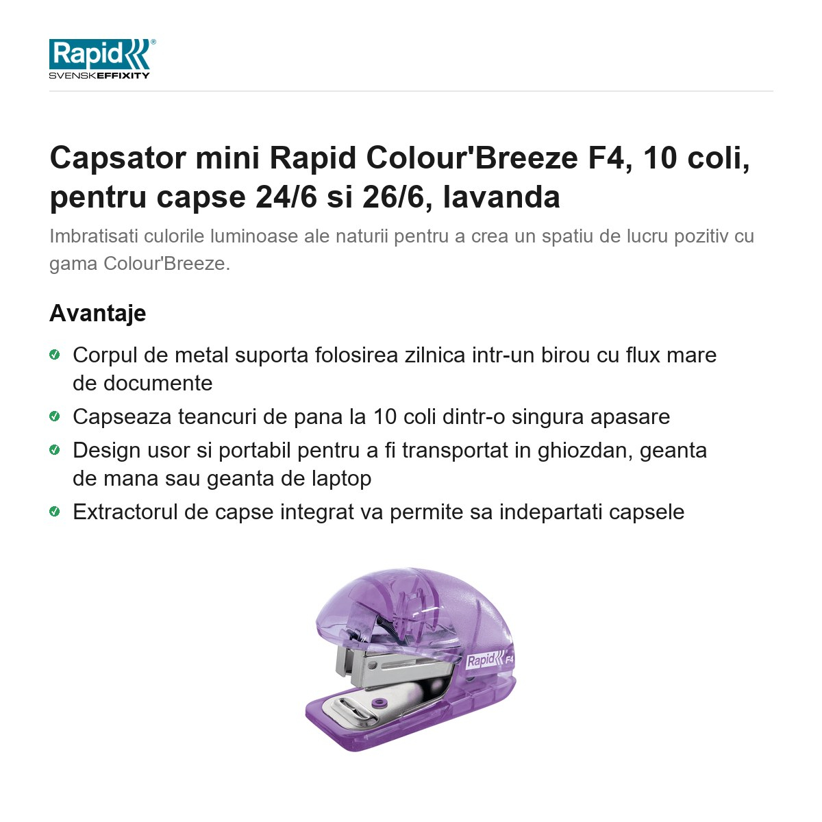 Capsator mini Rapid Colour'Breeze F4, 10 coli, pentru capse 24/6 si 26/6, lavanda [2]