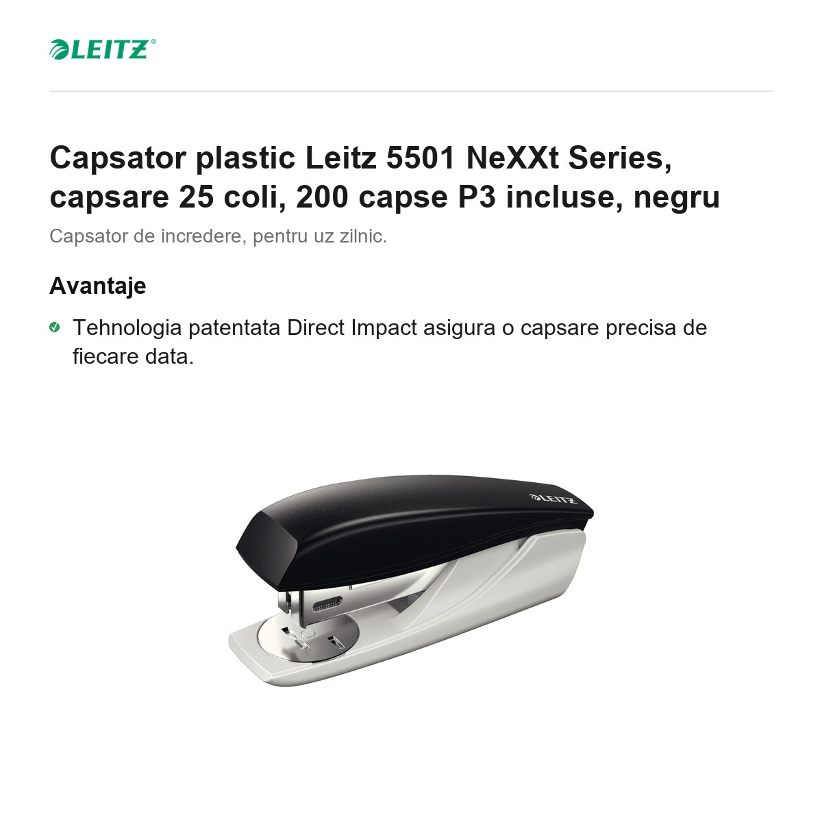 Capsator plastic Leitz 5501 NeXXt Series, capsare 25 coli, 200 capse P3 incluse, negru [2]