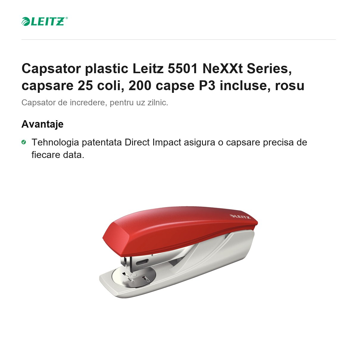 Capsator plastic Leitz 5501 NeXXt Series, capsare 25 coli, 200 capse P3 incluse, rosu [2]
