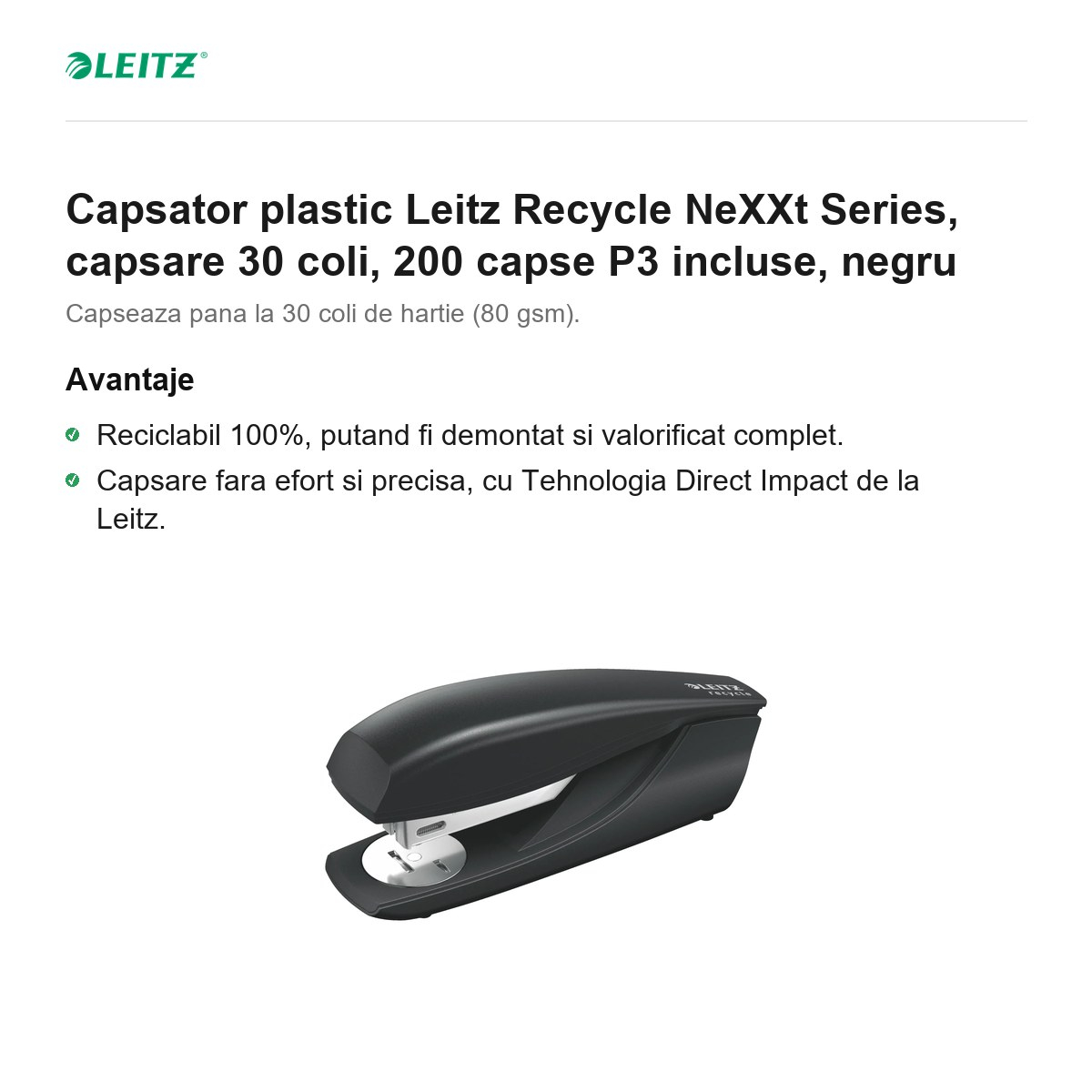 Capsator plastic Leitz Recycle NeXXt Series, capsare 30 coli, 200 capse P3 incluse, negru [2]