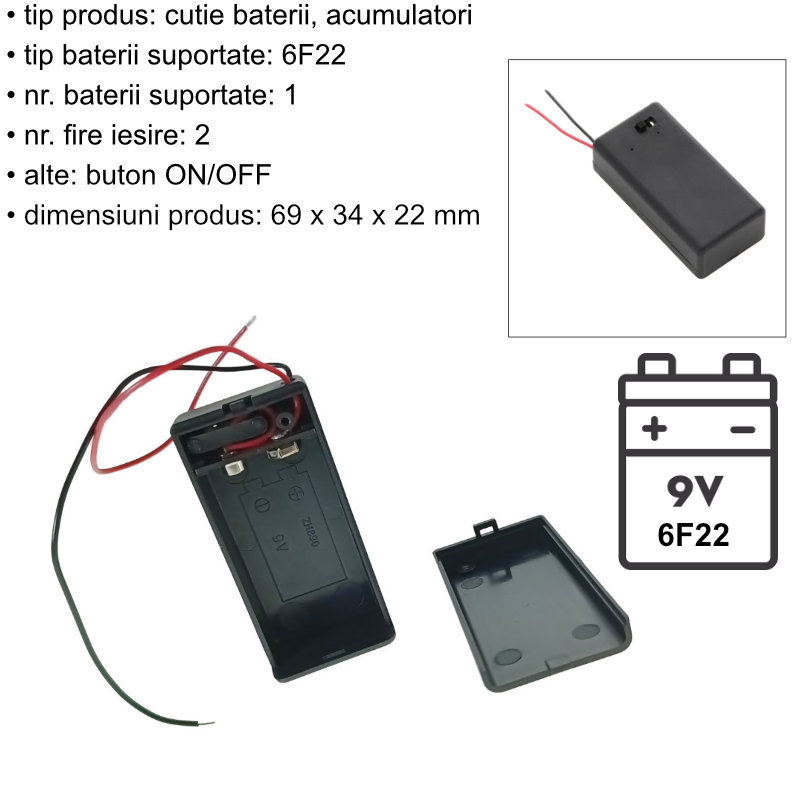 Carcasa cu capac si conectori cu 2 fire, pentru 1 baterie tip 6F22 9V, PR-3142-05021, buton On/Off, neagra [6]