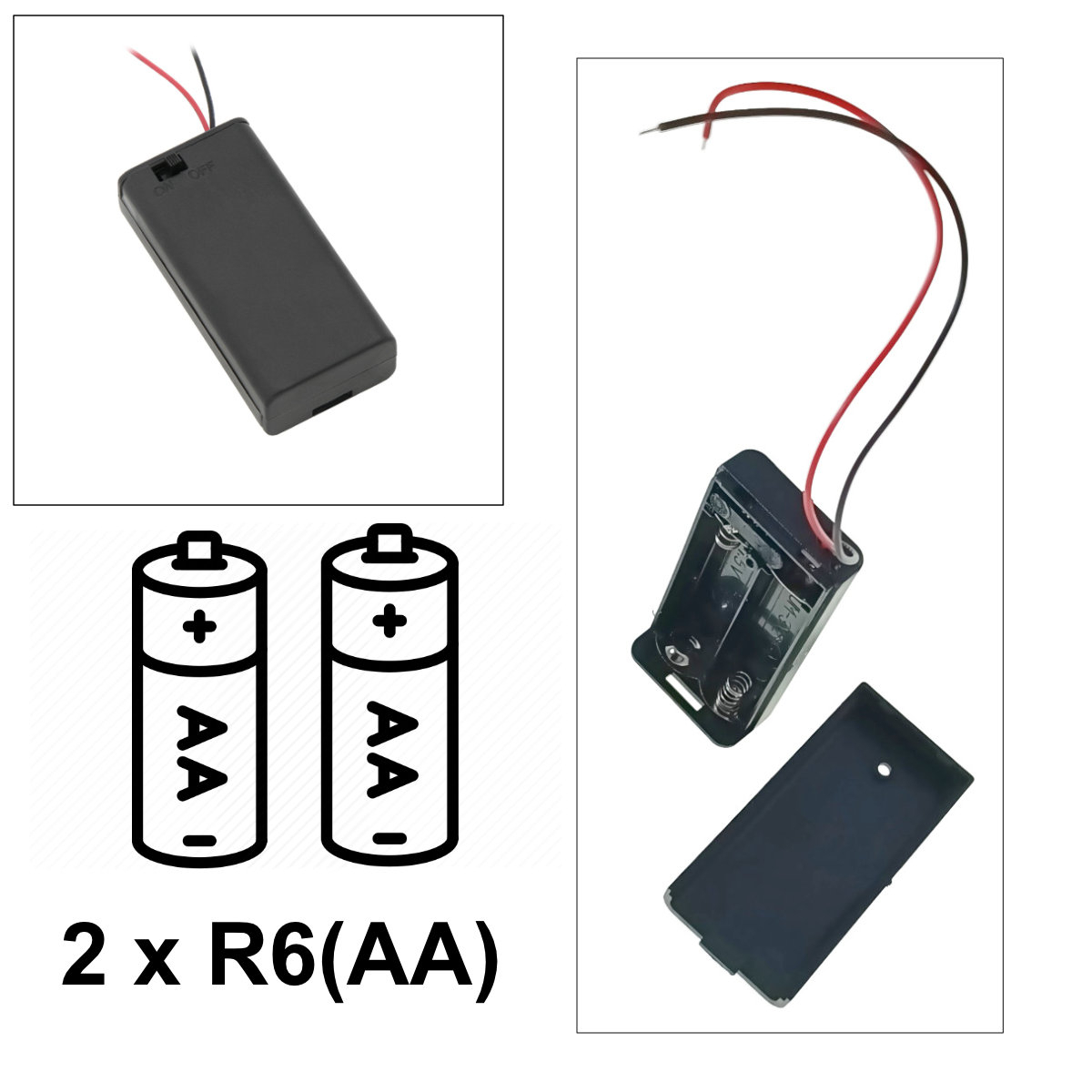 Carcasa cu capac si conectori cu 2 fire, pentru 2 baterii tip AA-R6, PR-2664-04800, buton On/Off, neagra [3]