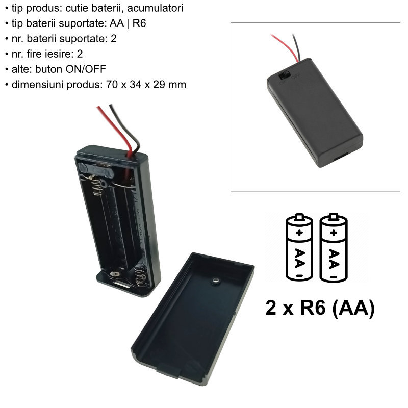 Carcasa cu capac si conectori cu 2 fire, pentru 2 baterii tip AA-R6, PR-2664-04800, buton On/Off, neagra [6]