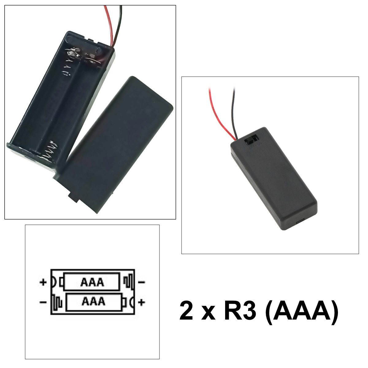 Carcasa cu capac si conectori cu 2 fire, pentru 2 baterii tip AAA-R3, PR-2666-04801, buton On/Off, neagra [3]