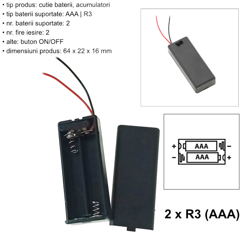 Carcasa cu capac si conectori cu 2 fire, pentru 2 baterii tip AAA-R3, PR-2666-04801, buton On/Off, neagra [6]