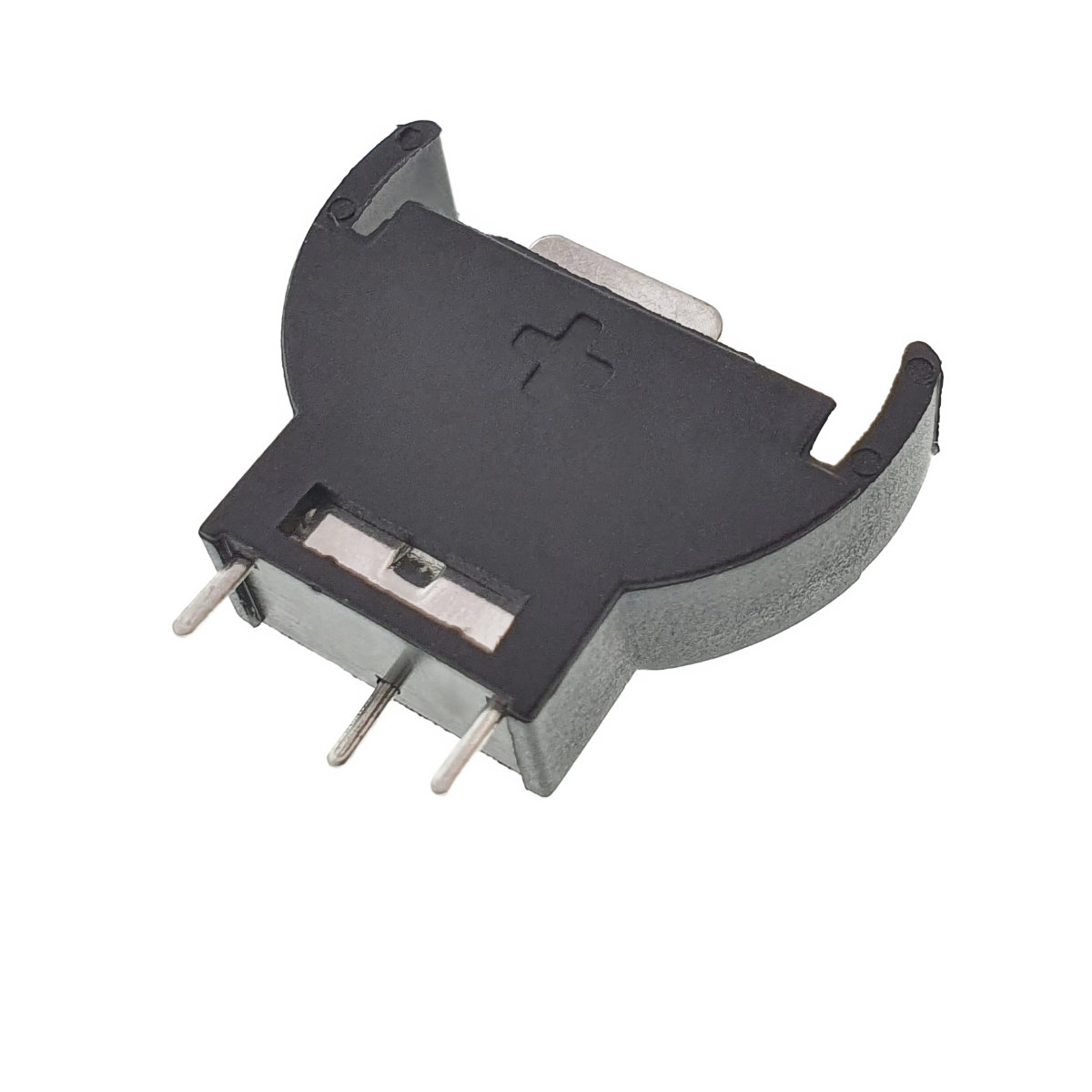 Carcasa cu suport si conectori cu 2 pini pozitivi si un pin negativ, pentru baterie CR2032, 23x21x6mm, din plastic negru [9]