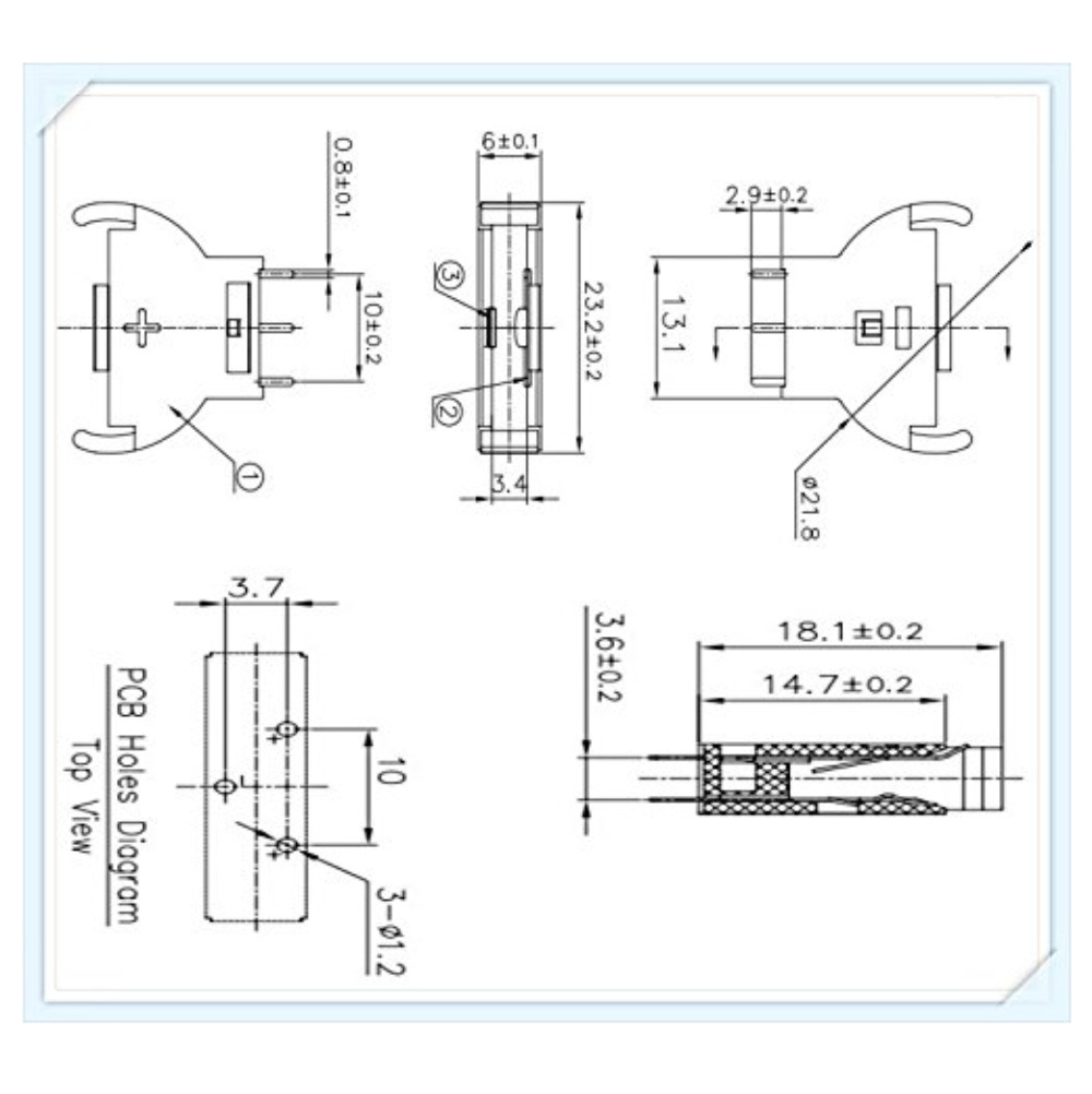 Carcasa cu suport si conectori cu 2 pini pozitivi si un pin negativ, pentru baterie CR2032, 23x21x6mm, din plastic negru [11]