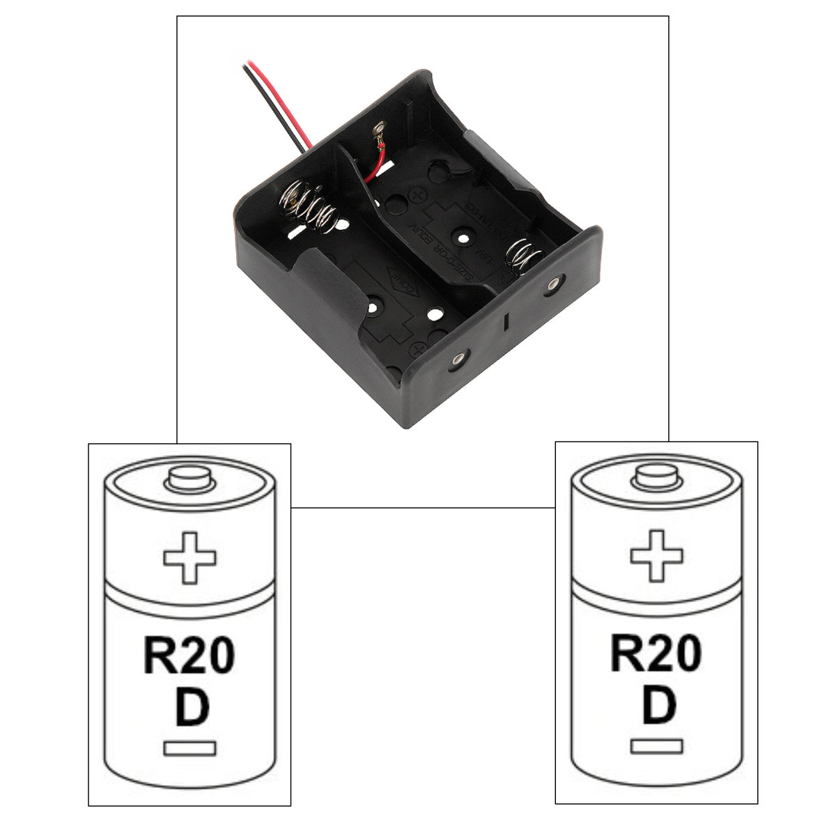 Carcasa suport pentru 2 baterii tip R20/D, PR-3869-04870, conectori cu 2 fire, neagra [2]