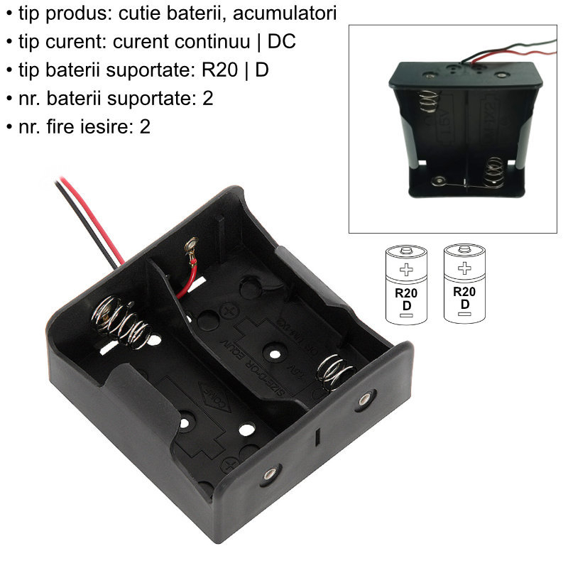 Carcasa suport pentru 2 baterii tip R20/D, PR-3869-04870, conectori cu 2 fire, neagra [6]