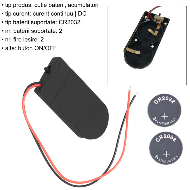 Carcasa suport si capac pentru 2 baterii tip CR2032, PR-8766-08021, conectori cu 2 fire, buton On/Off, neagra [6]
