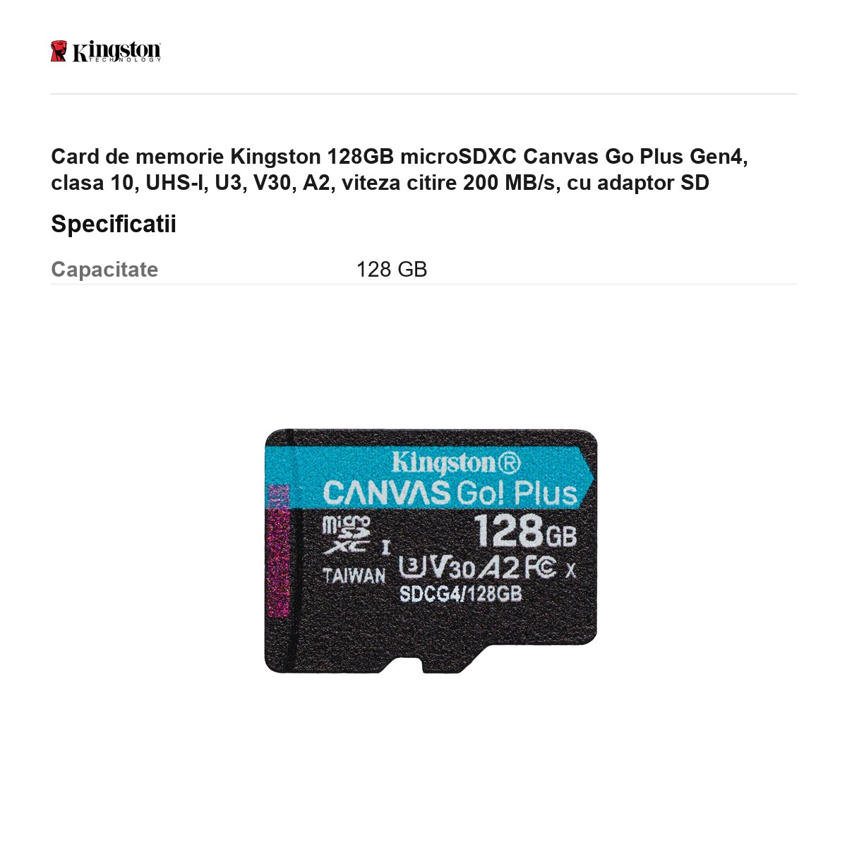 Card de memorie Kingston 128GB microSDXC Canvas Go Plus Gen4, clasa 10, UHS-I, U3, V30, A2, viteza citire 200 MB/s, cu adaptor SD [3]