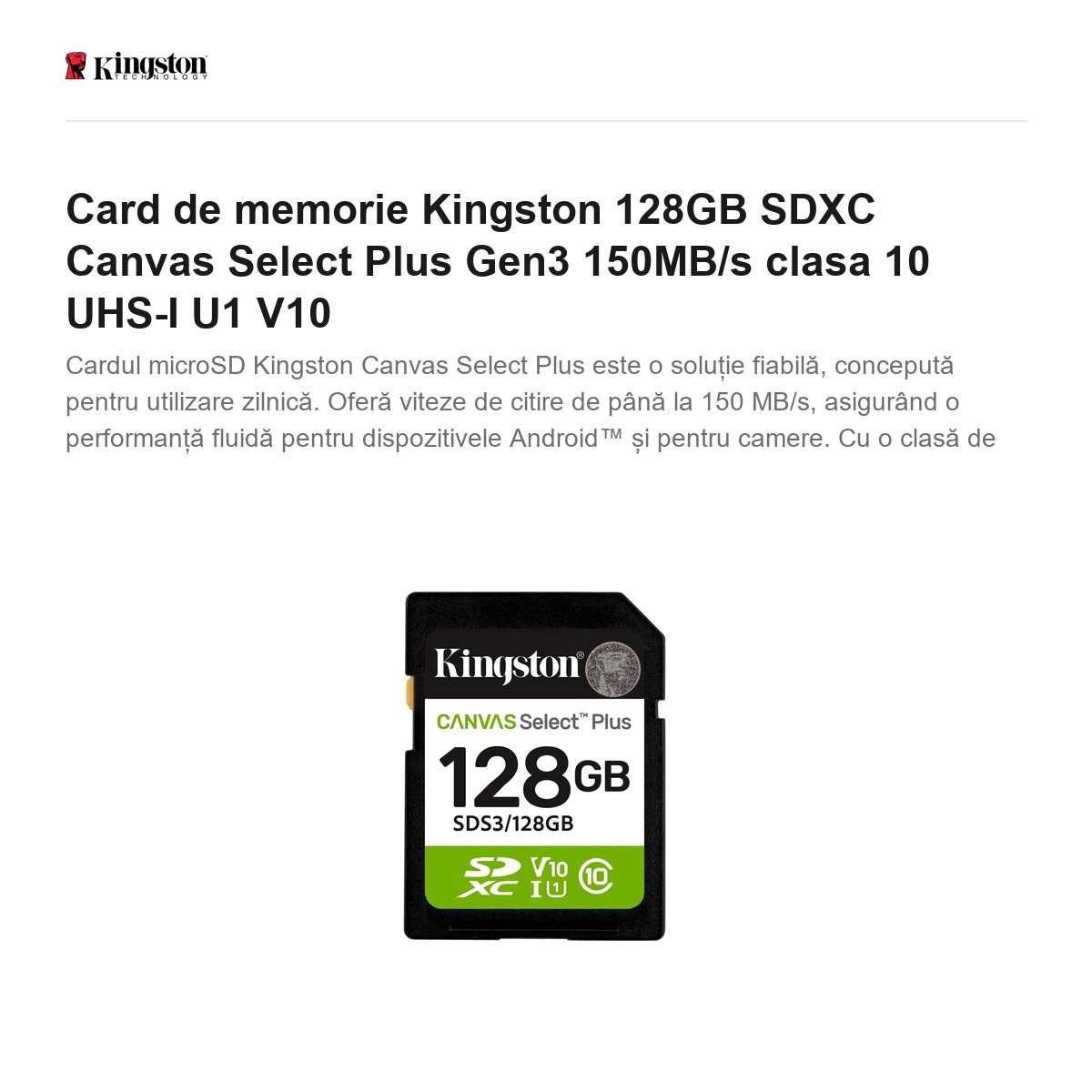 Card de memorie Kingston 128GB SDXC Canvas Select+ Gen3 150MB/s clasa 10 UHS-I U1 V10 [2]