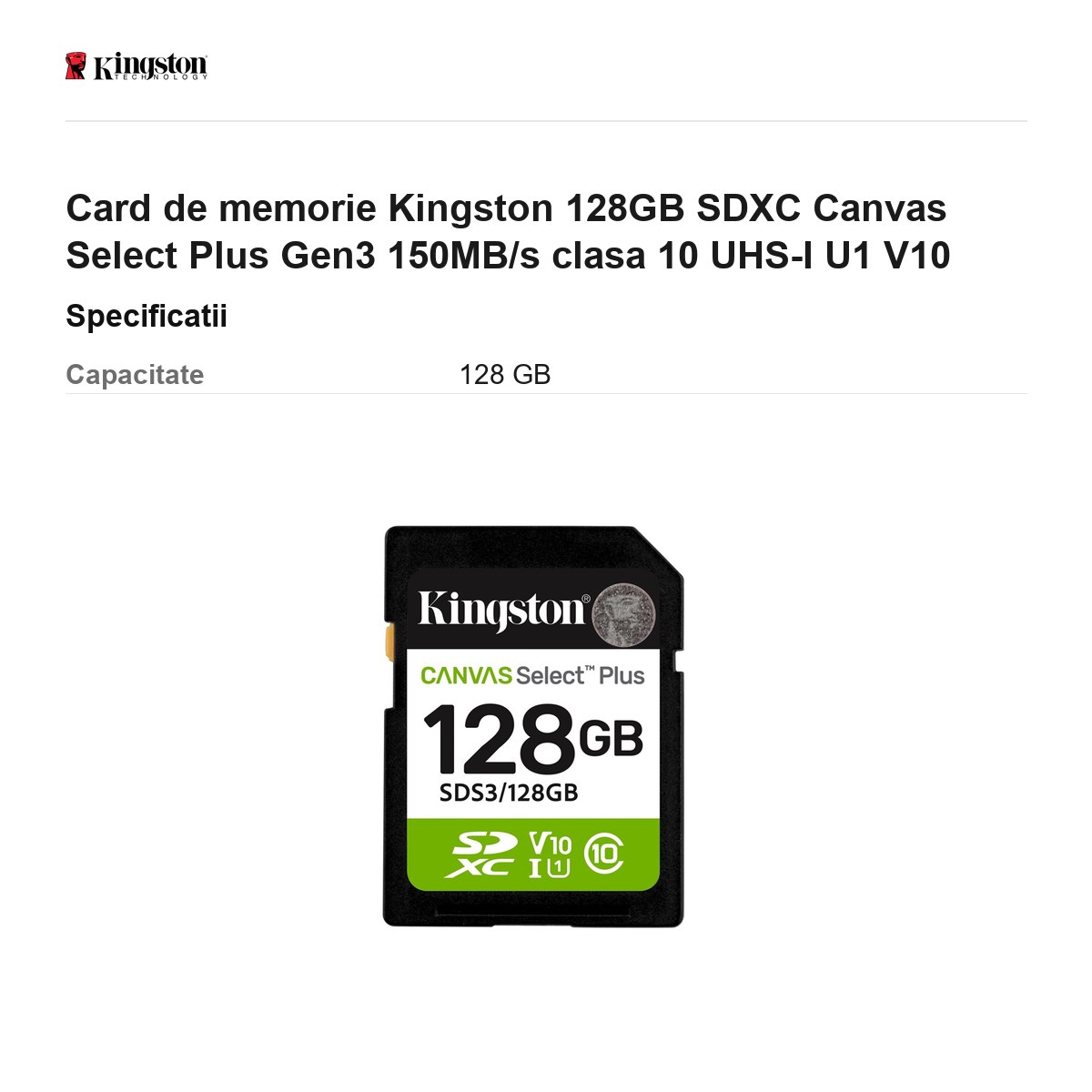 Card de memorie Kingston 128GB SDXC Canvas Select+ Gen3 150MB/s clasa 10 UHS-I U1 V10 [3]