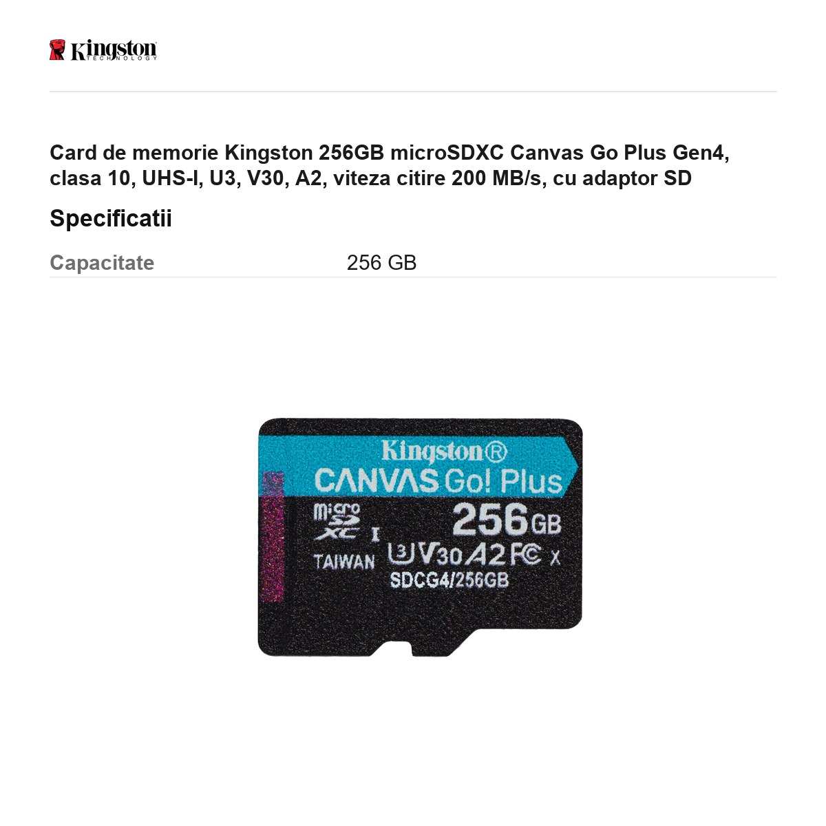 Card de memorie Kingston 256GB microSDXC Canvas Go Plus Gen4, clasa 10, UHS-I, U3, V30, A2, viteza citire 200 MB/s, cu adaptor SD [3]