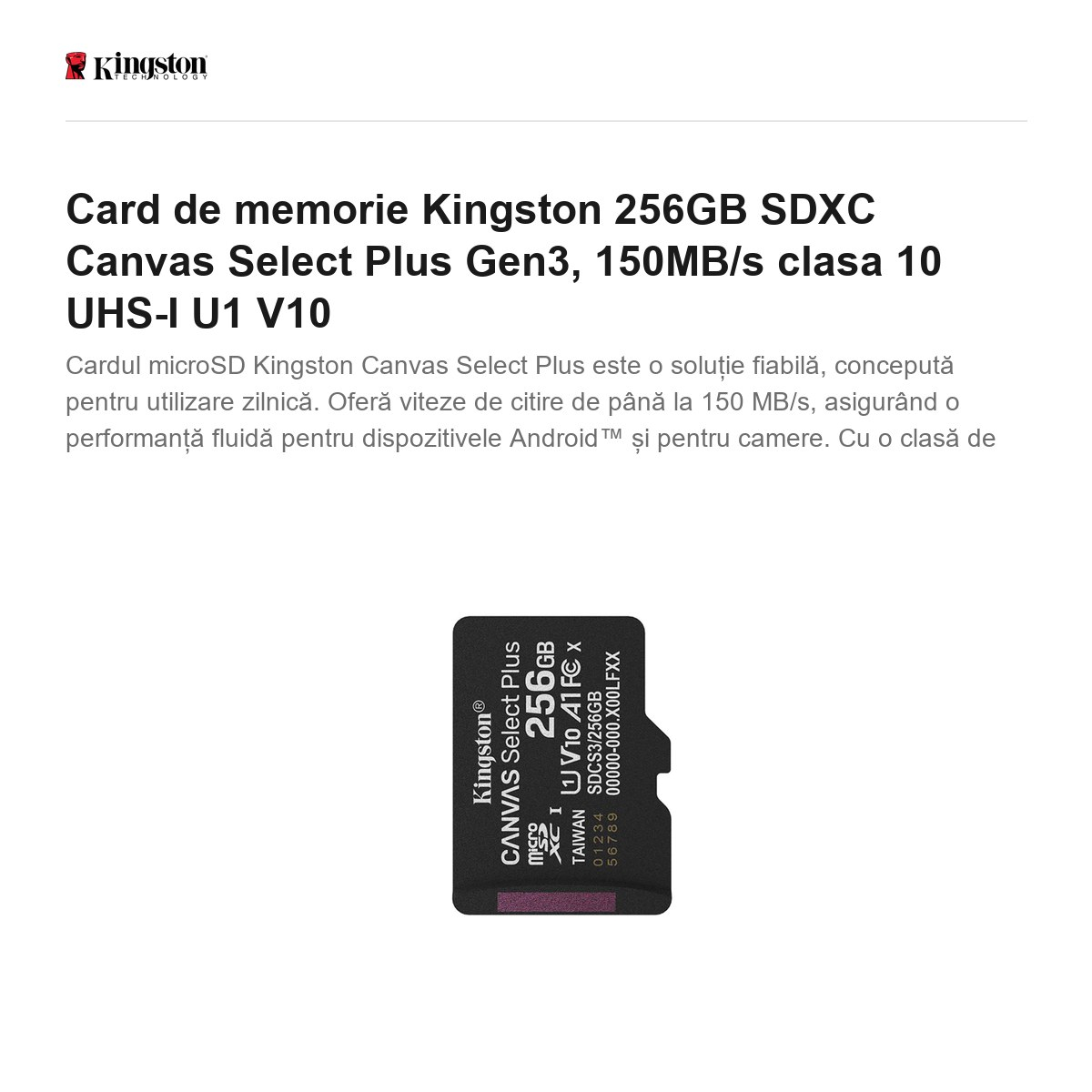 Card de memorie Kingston 256GB SDXC Canvas Select+ Gen3, 150MB/s clasa 10 UHS-I U1 V10 [2]