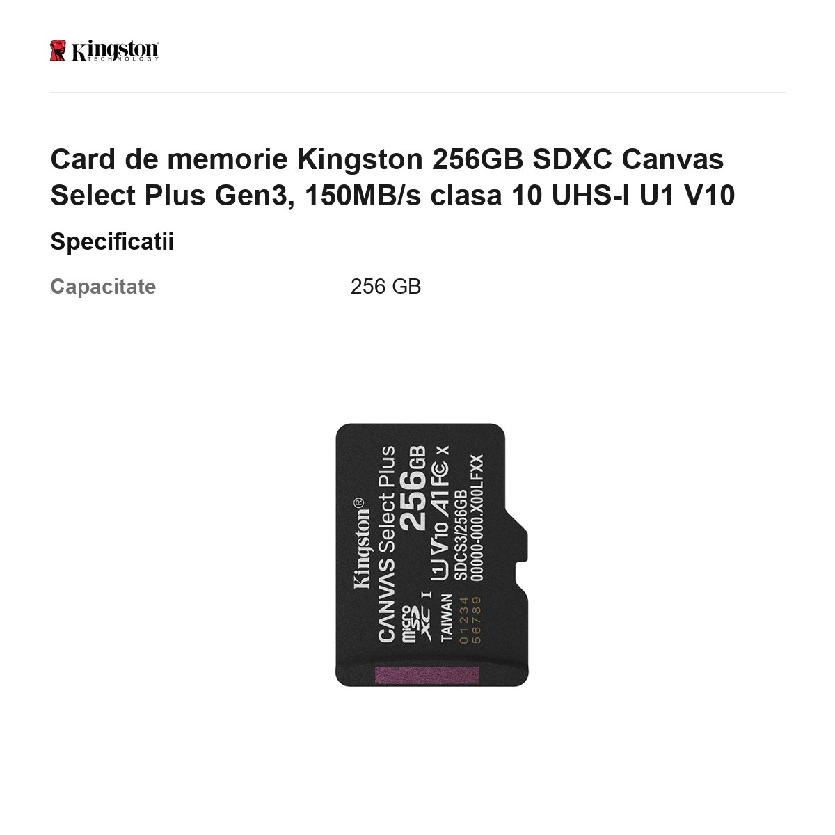 Card de memorie Kingston 256GB SDXC Canvas Select+ Gen3, 150MB/s clasa 10 UHS-I U1 V10 [3]