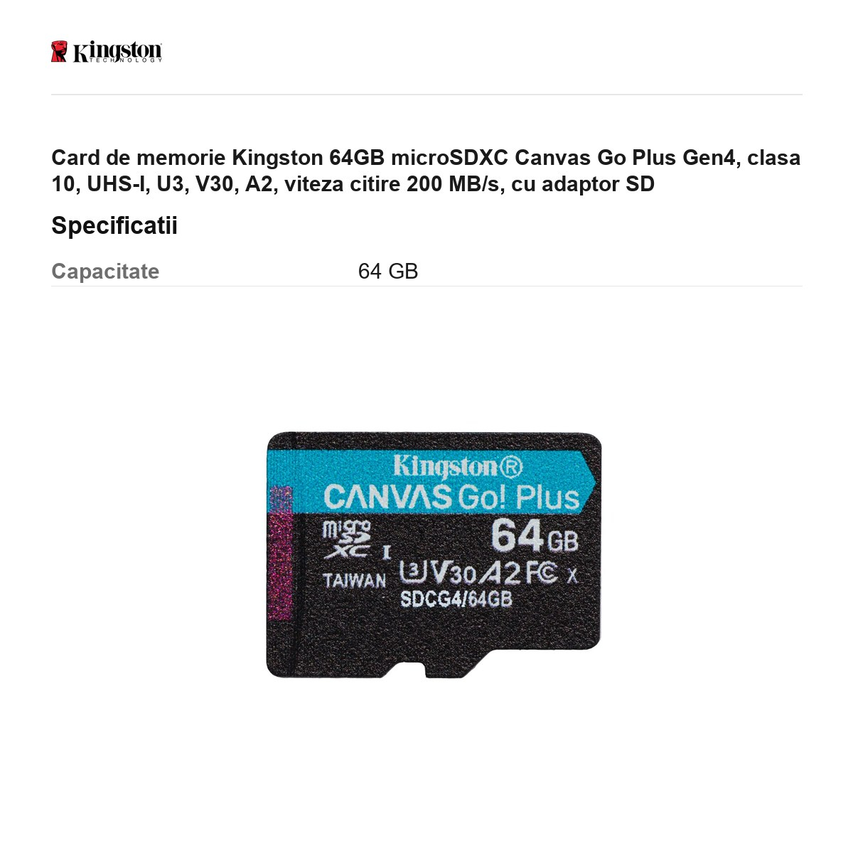 Card de memorie Kingston 64GB microSDXC Canvas Go Plus Gen4, clasa 10, UHS-I, U3, V30, A2, viteza citire 200 MB/s, cu adaptor SD [3]