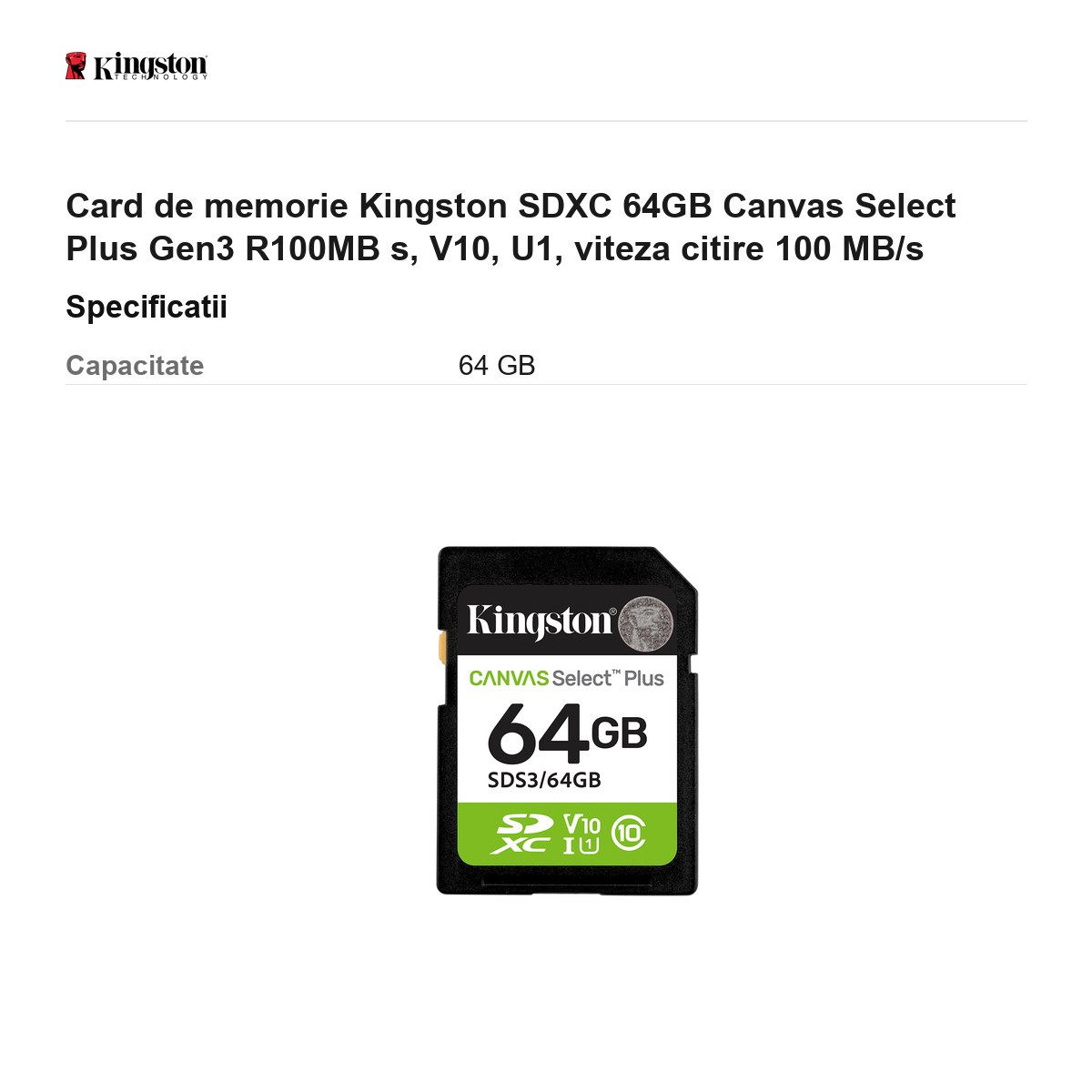 Card de memorie Kingston SDXC 64GB Canvas Select+ Gen3 R100MB s, V10, U1, viteza citire 100 MB/s [3]