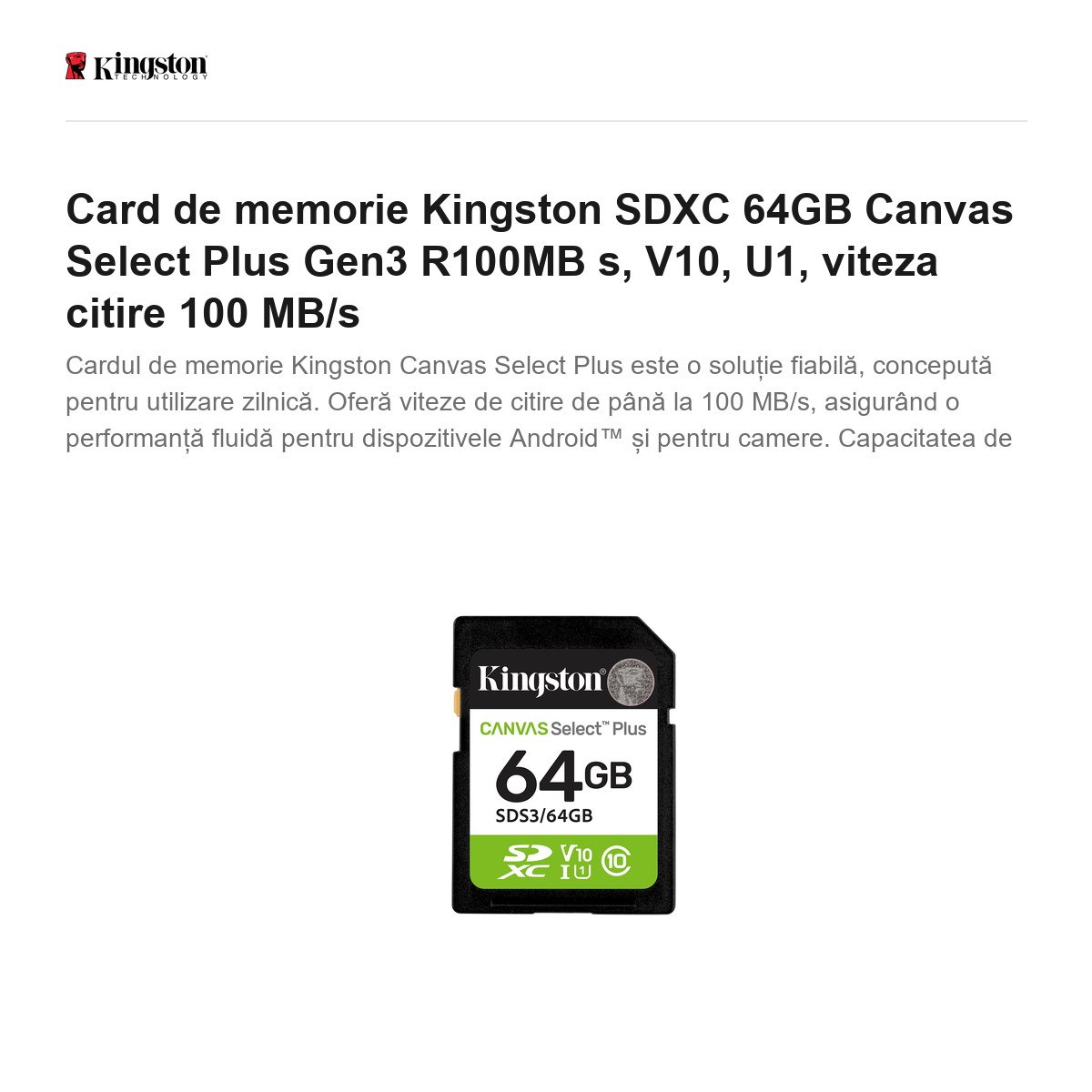 Card de memorie Kingston SDXC 64GB Canvas Select+ Gen3 R100MB s, V10, U1, viteza citire 100 MB/s [2]