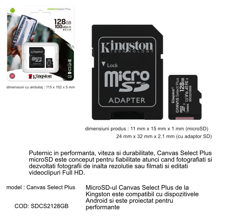 Card de memorie MicroSD Kingston Canvas Select Plus, 128GB, UHS-I, 100MB/s, cu adaptor [9]