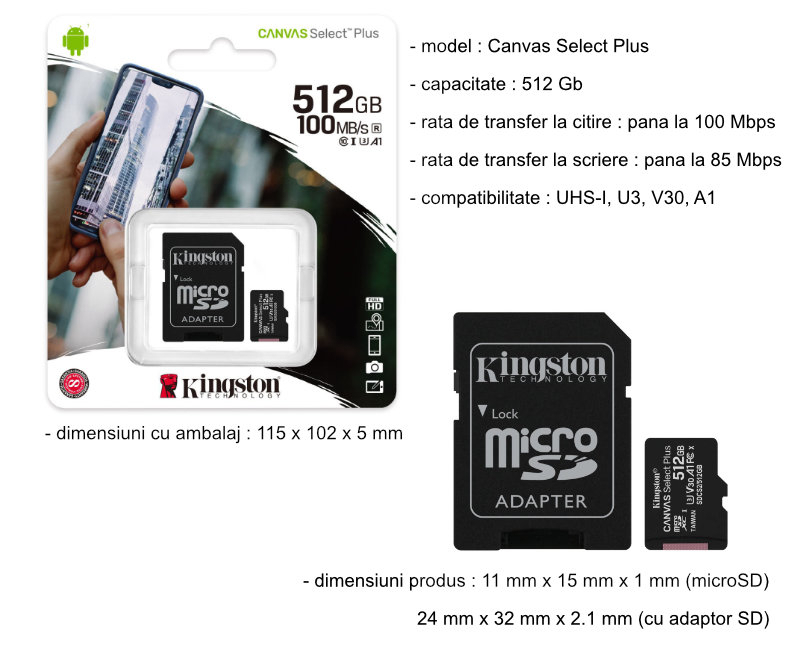 Card de memorie MicroSD Kingston Canvas Select Plus, 512GB, UHS-I, 100MB/s, cu adaptor [5]