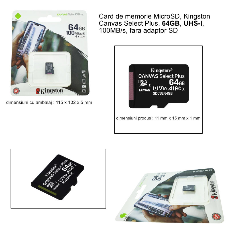 Card de memorie MicroSD, Kingston Canvas Select Plus, 64GB, UHS-I, 100MB/s, fara adaptor SD [4]