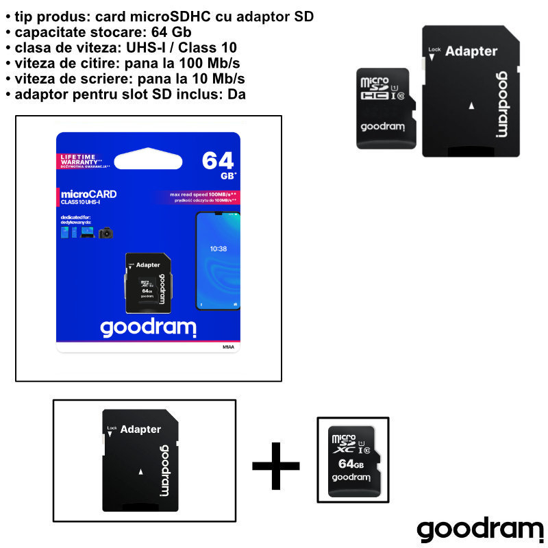 Card de memorie microSDHC 64 Gb, clasa 10 UHS-I, Goodram 93015, cu adaptor, negru [5]