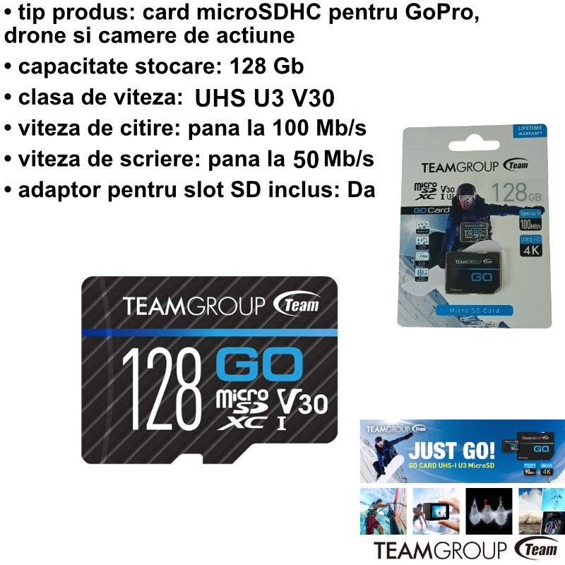 Card de memorie microSDXC 128Gb, TeamGroup GO 4K 05161, UHS-I U3 V30 4K pentru GoPro, 100/50MB/s, cu adaptor SD, negru [5]