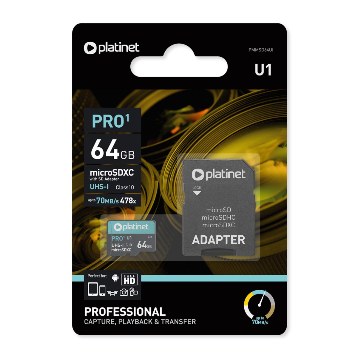 Card microSDXC 64 Gb Platinet 43998 cu adaptor SD clasa 10 UI 70Mb/s [2]