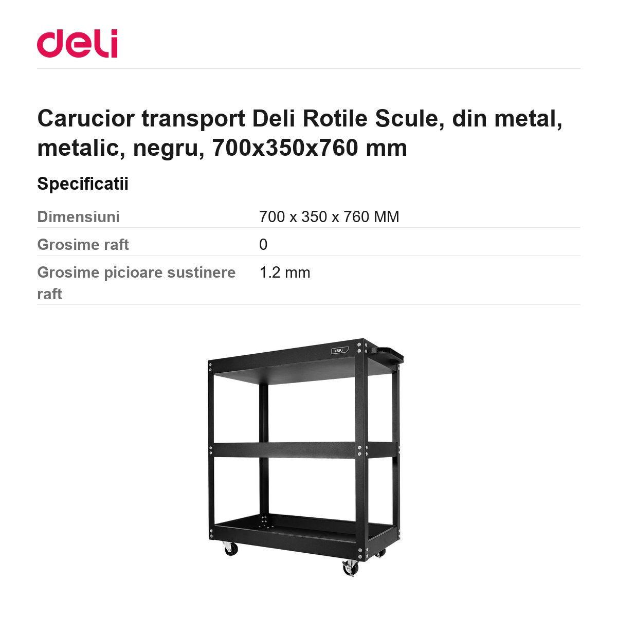 Carucior transport Deli Rotile Scule, din metal, metalic, negru, 700x350x760 mm [3]