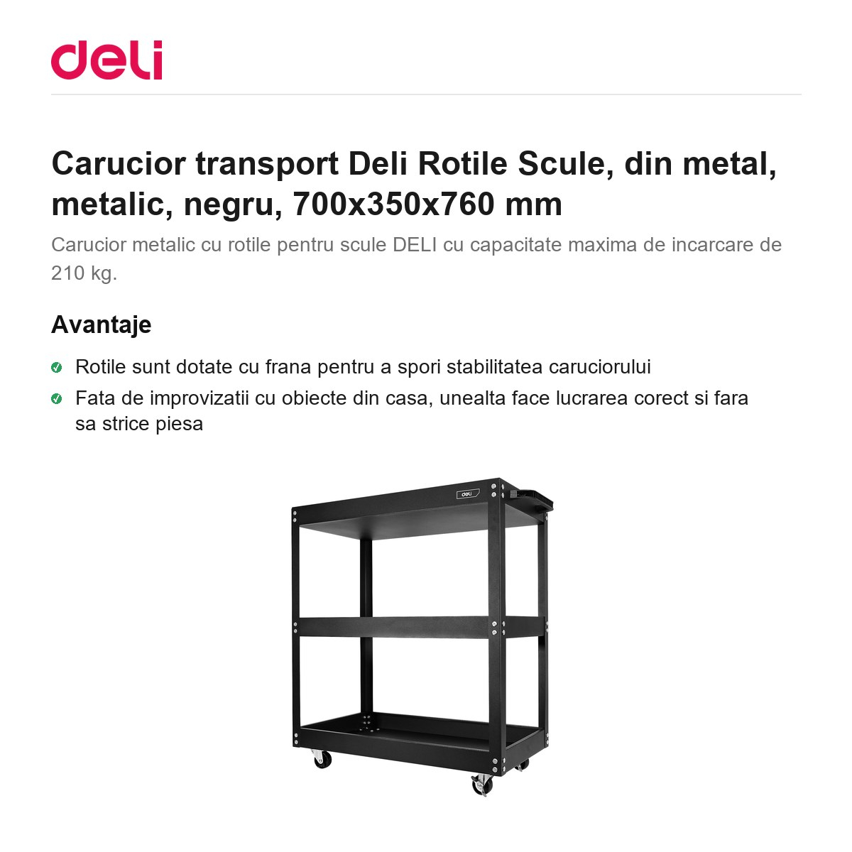Carucior transport Deli Rotile Scule, din metal, metalic, negru, 700x350x760 mm [2]