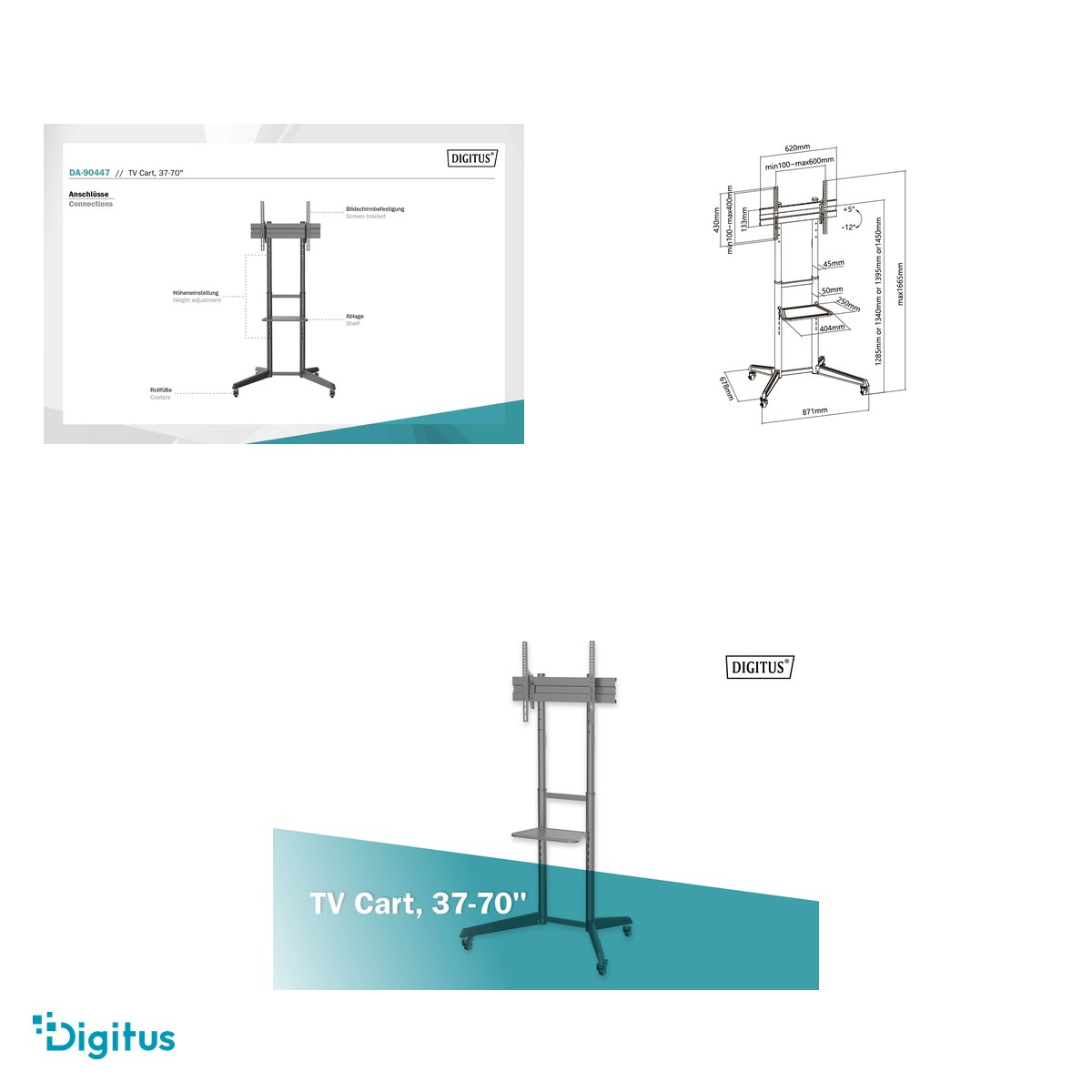 Carucior TV Digitus DA-90447 cu raft, pentru televizoare 37-70 inch, sarcina maxima 50 kg, VESA pana la 600 x 400, inaltime reglabila, roti cu blocare, negru [4]