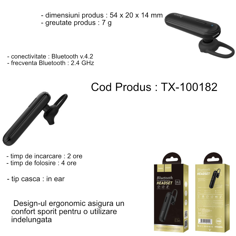 Casca wireless cu microfon, in-ear, Hoco Free Sound E36, Bluetooth v.4.2, baterie 70 mAh, neagra [13]