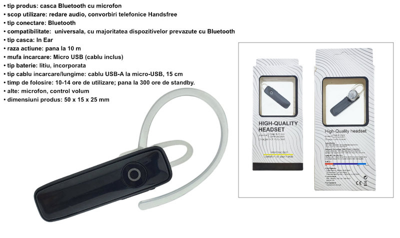 Casca wireless in-ear, Bluetooth, HandsFree telefon, neagra [6]