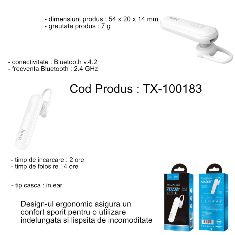 Casca wireless in-ear, cu microfon, Hoco Free Sound E36, Bluetooth v.4.2, baterie 70 mAh, alba [13]