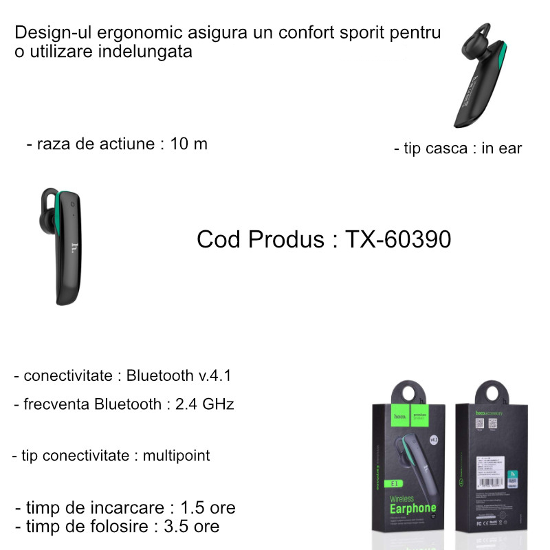 Casca wireless in-ear, Hoco E1, Bluetooth v.4.1 Hands Free, conexiune multipoint, neagra [15]