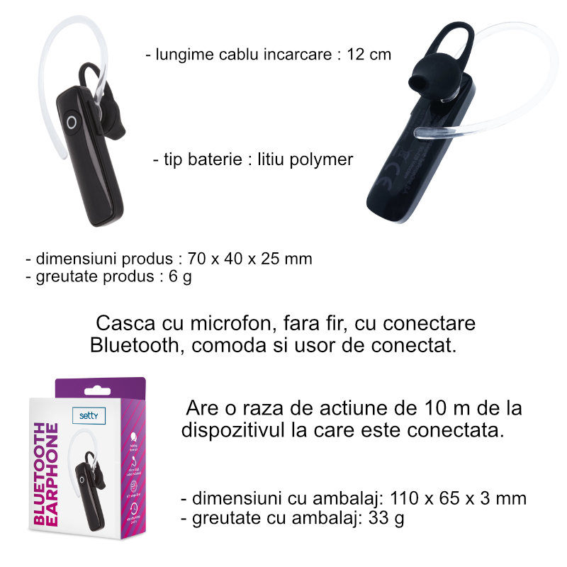 Casca wireless in-ear, Setty 82143, Bluetooth v.4.0, cu microfon, neagra [6]