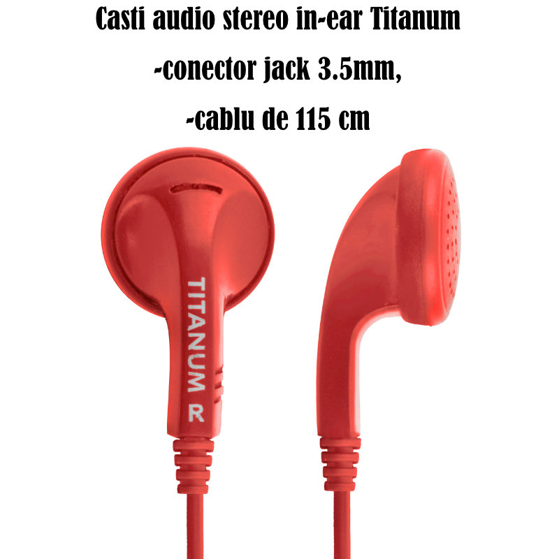 Casti audio stereo, in-ear, Titanum 91908, conector jack 3.5mm, cablu 115 cm, rosii [5]