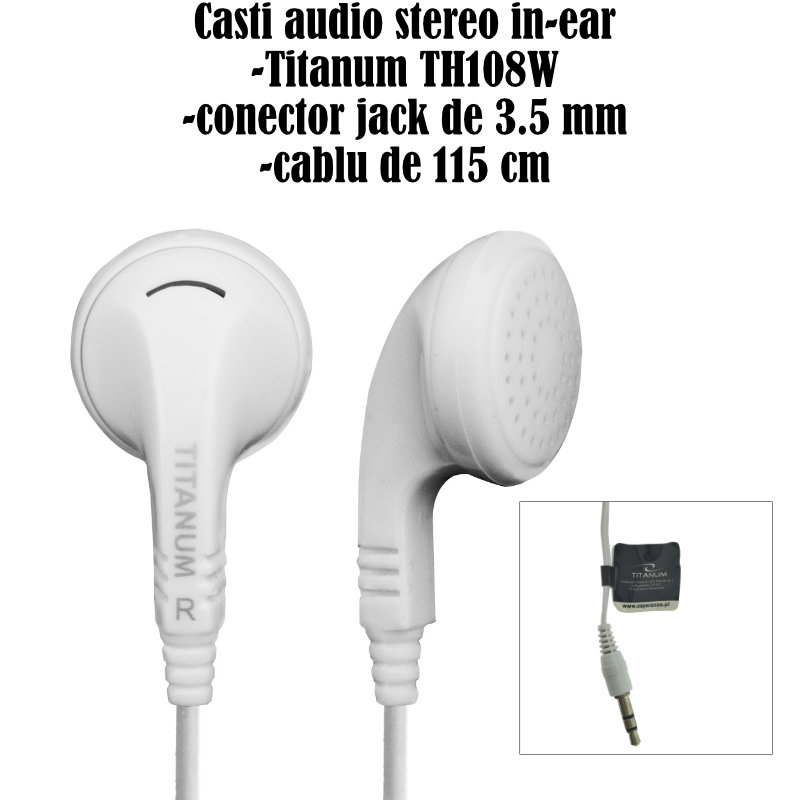 Casti audio stereo, in-ear, Titanum 91909, conector jack 3.5mm, cablu 115 cm, albe [5]
