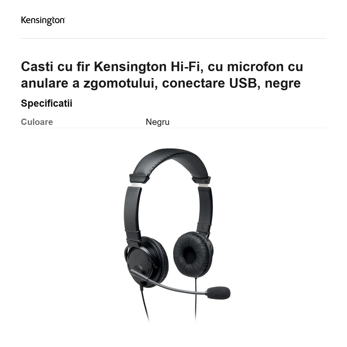 Casti cu fir Kensington Hi-Fi, cu microfon cu anulare a zgomotului, conectare USB, negre [3]