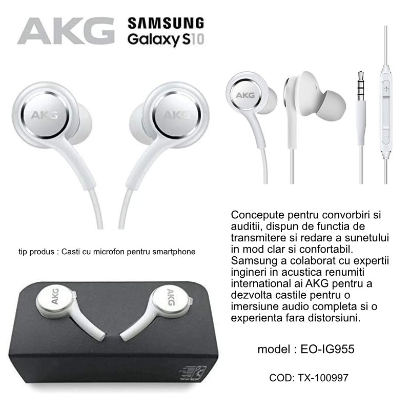 Casti cu microfon, Samsung AKG EO-IG955 GALAXY S10, control pe fir, cablu 115 cm, conector jack 3.5mm, albe [6]