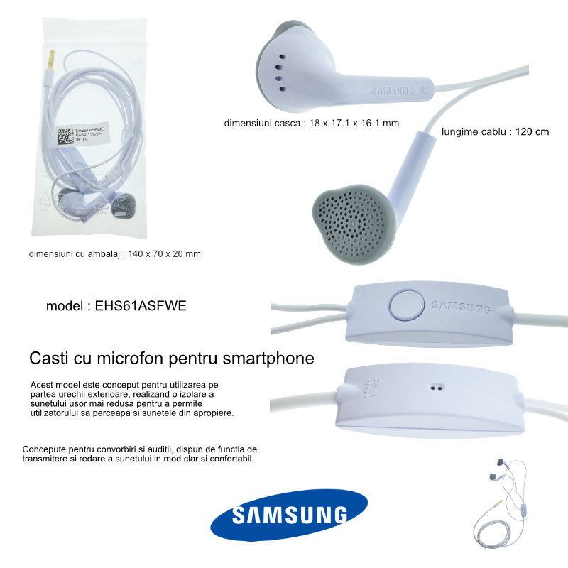 Casti cu microfon, Samsung EHS61ASFWE Galaxy Core, control pe fir, cablu 120 cm, conector jack 3.5mm, albe [12]