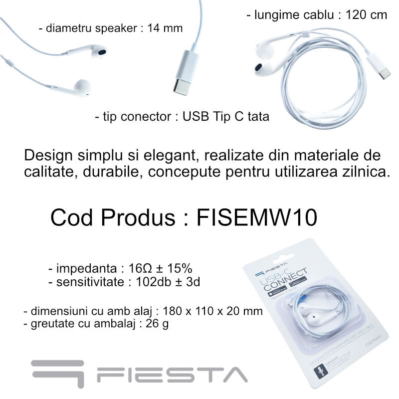 Casti in-ear cu microfon, Fiesta FISEMW10, conector USB Tip C, control pe fir, lungime cablu 120 cm, albe [7]