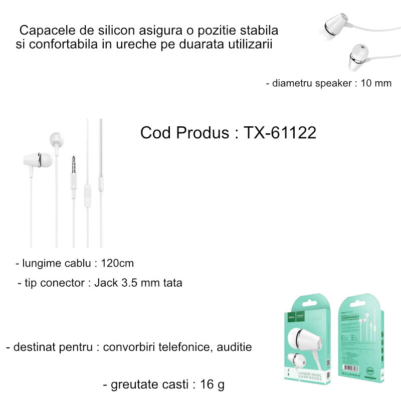 Casti in-ear cu microfon, HOCO Honor M34, conector tip Jack 3.5 mm, control pe fir, lungime cablu 120 cm, albe [4]