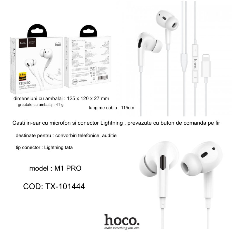 Casti in-ear cu microfon, HOCO M1 PRO, pentru smartphone, conector Lightning, control pe fir, cablu 115 cm, albe [10]