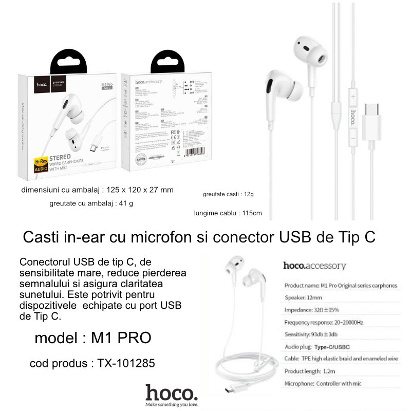 Casti in-ear cu microfon, HOCO M1 PRO, pentru smartphone, conector USB Tip C, control pe fir, cablu 115 cm, albe [5]